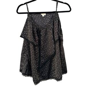 POL Black White Polka Dot Ruffle Lace Trim Spaghetti Strap Tank Top Womens Large